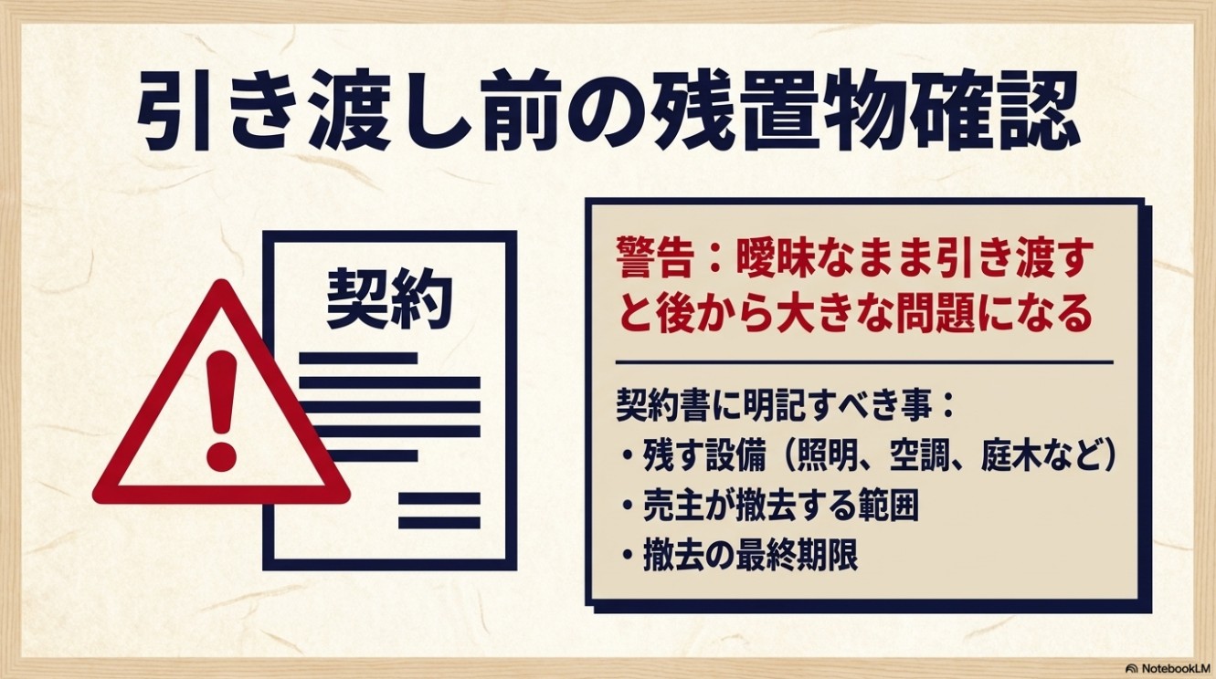 引き渡し前の残置物確認。契約書に明記すべき事柄として、残す設備、売主が撤去する範囲、撤去の最終期限を記載する