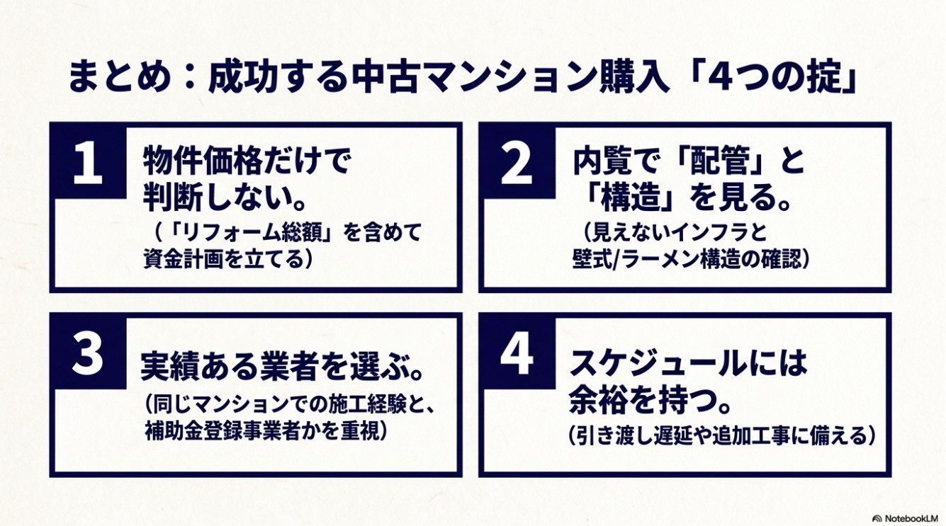 まとめ:成功する中古マンション購入「4つの掟」。1.総額で資金計画、2.内覧で配管と構造を見る、3.実績ある業者を選ぶ、4.スケジュールに余裕を持つ。