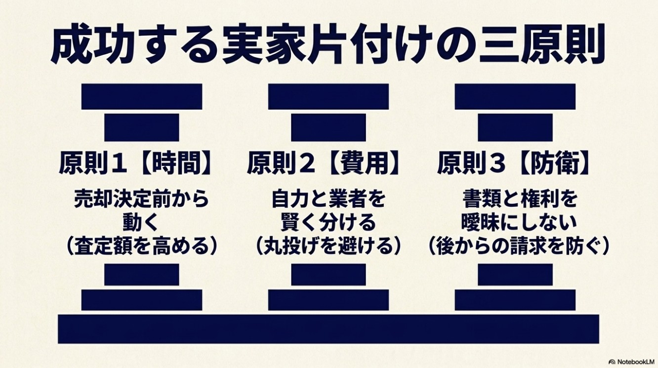 成功する実家片付けの三原則。原則1:時間(早めに動く)、原則2:費用(自力と業者を賢く分ける)、原則3:防衛(書類と権利を曖昧にしない)