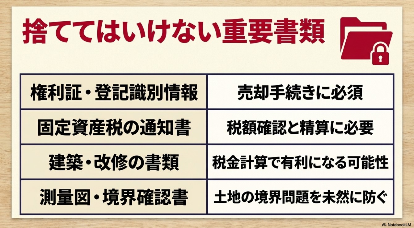 捨ててはいけない重要書類の一覧。権利証・登記識別情報、固定資産税の通知書、建築・改修の書類、測量図・境界確認書