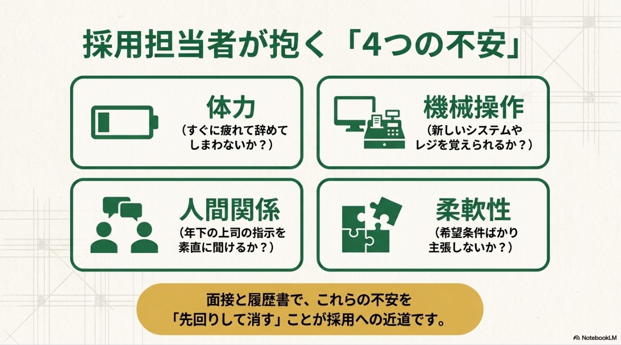 採用担当者が抱く、体力(すぐ疲れて辞めないか)、機械操作(新しいシステムを覚えられるか)、人間関係(年下上司の指示を聞けるか)、柔軟性(希望ばかり主張しないか)という4つの不安をまとめたスライド。