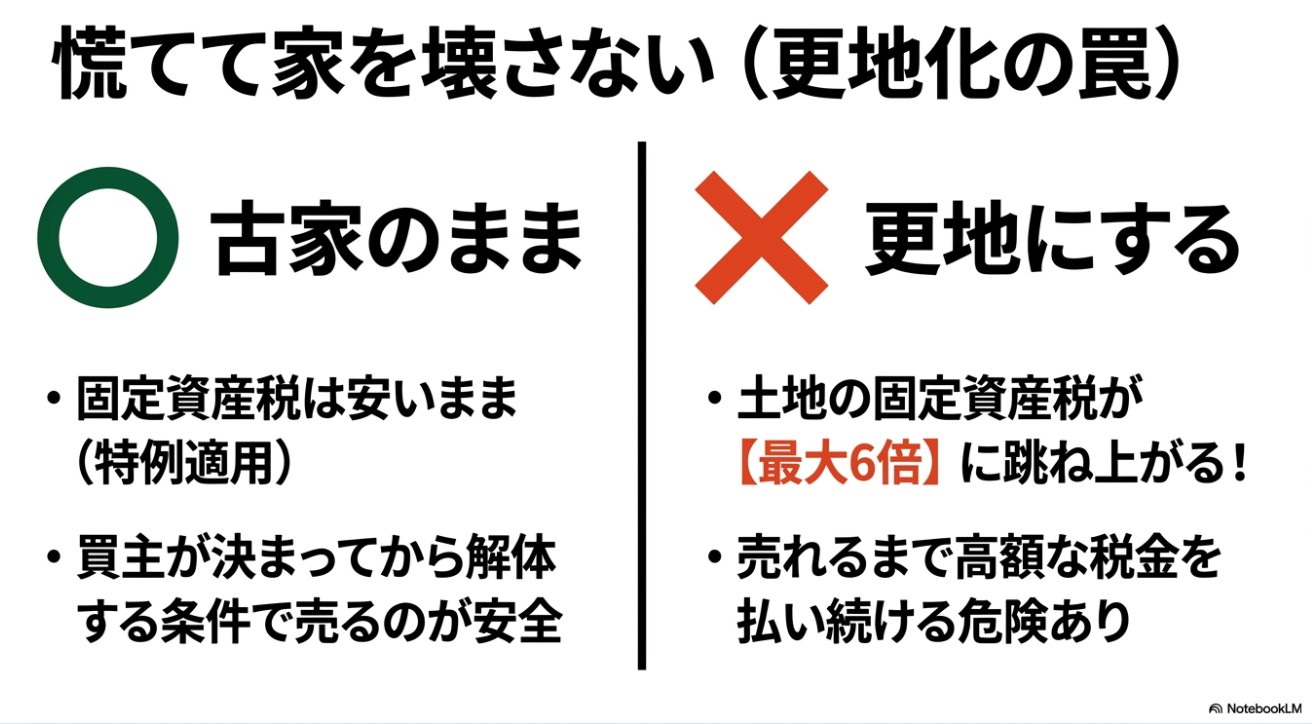 古家のままだと固定資産税は安いが、更地にすると土地の固定資産税が最大6倍に跳ね上がる危険性を示す図