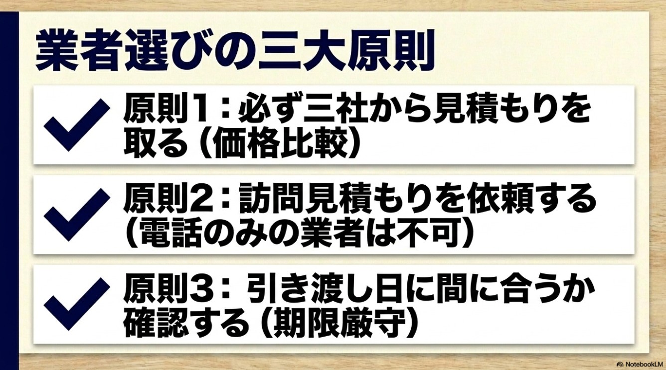 業者選びの三大原則。必ず三社から見積もりを取る、訪問見積もりを依頼する、引き渡し日に間に合うか確認する