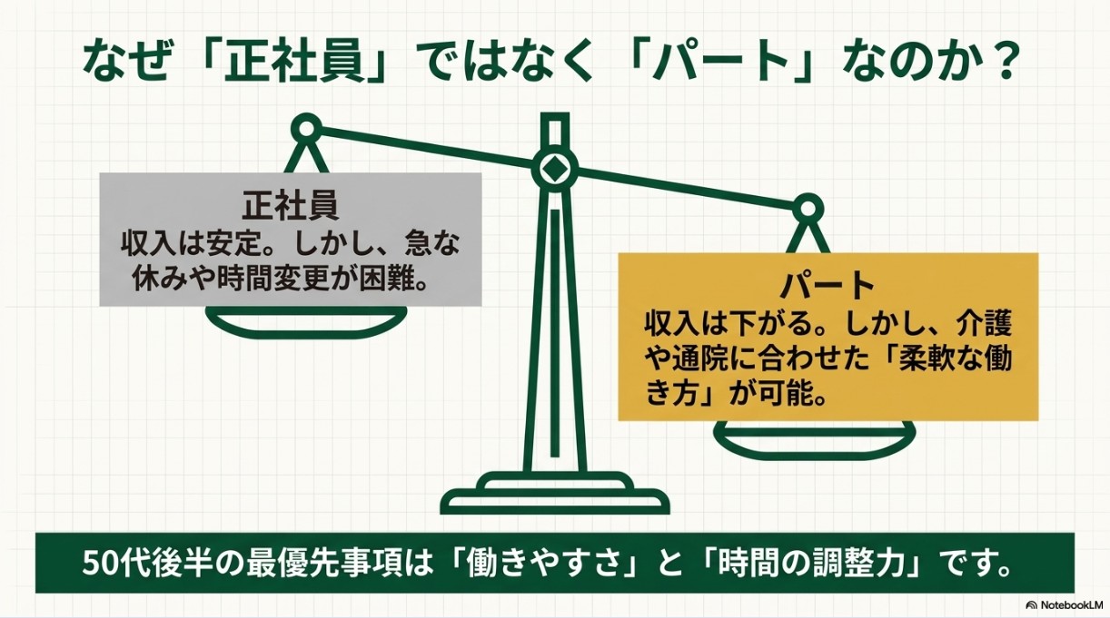 収入は安定するが急な休みが難しい正社員と、収入は下がるが柔軟な働き方が可能なパートを天秤で比較し、50代後半は働きやすさと時間の調整力が最優先であることを示すスライド。