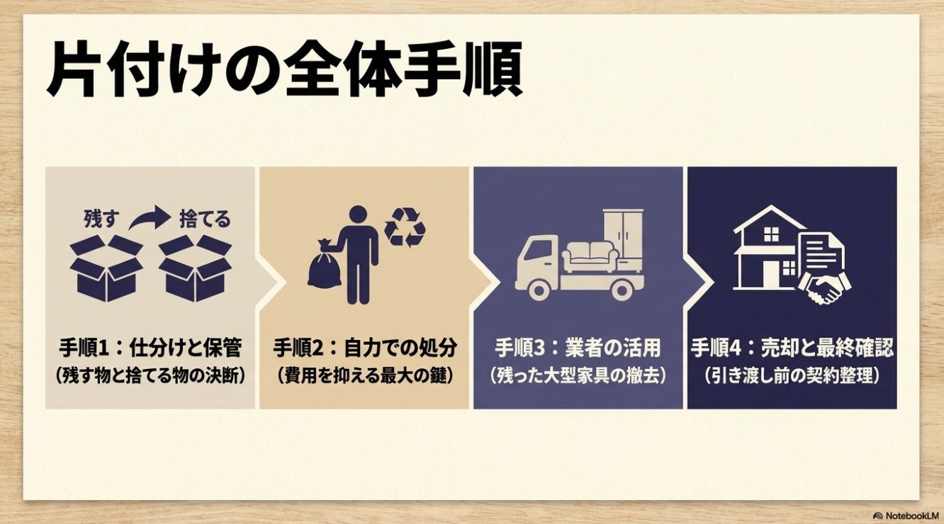 片付けの全体手順を示す図。手順1:仕分けと保管、手順2:自力での処分、手順3:業者の活用、手順4:売却と最終確認