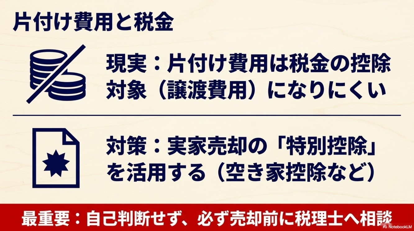 片付け費用と税金の関係。片付け費用は税金の控除対象になりにくいため、実家売却の特別控除を活用し、売却前に税理士へ相談する