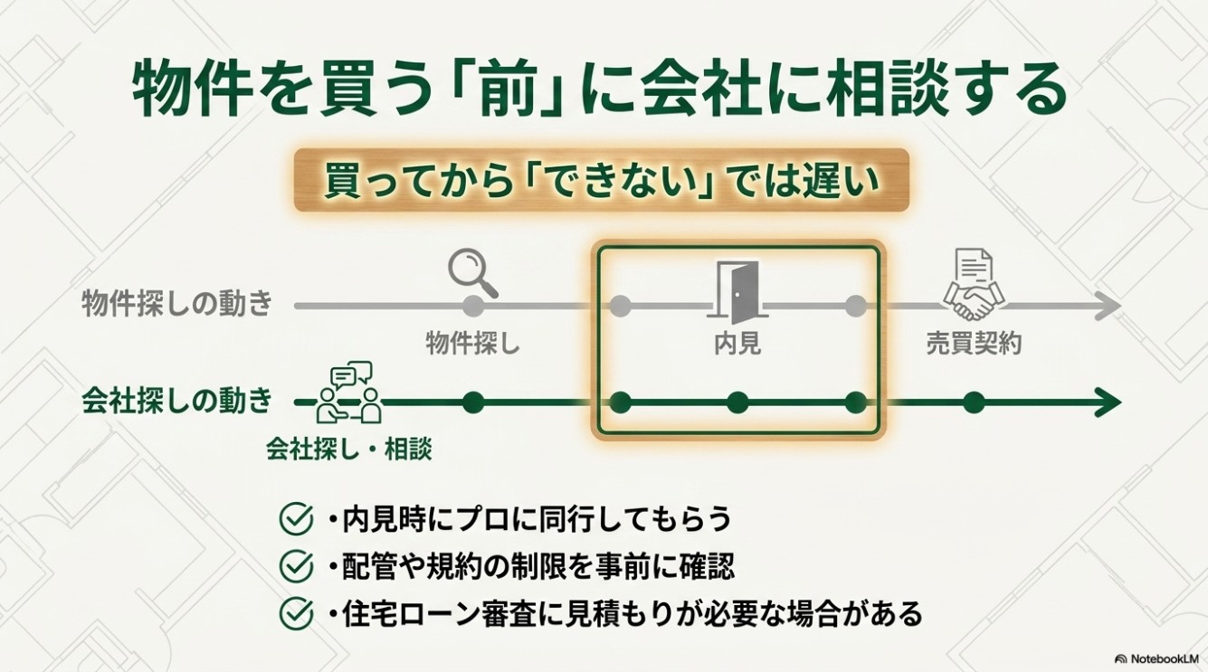 物件を買う前にリフォーム会社に相談するベストなタイミングを示すタイムライン図