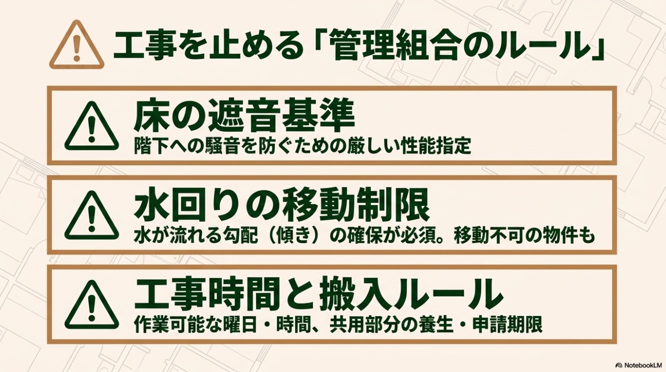工事を止める可能性がある管理組合のルール（床の遮音基準、水回りの移動制限、工事時間ルール）