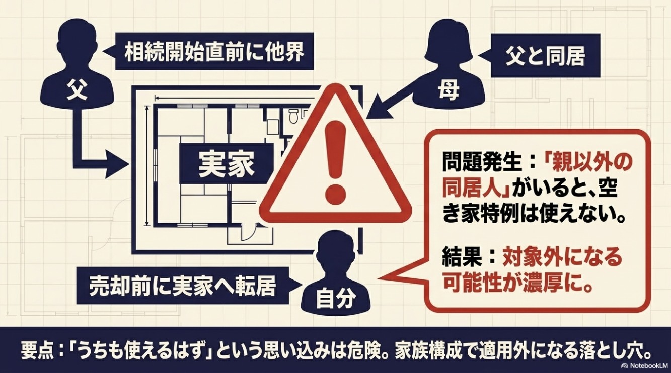 実家の間取り図。父と母が同居し、さらに自分も転居してきたことで「親以外の同居人」がおり、空き家特例が対象外になる可能性が濃厚になった問題を示す図解。