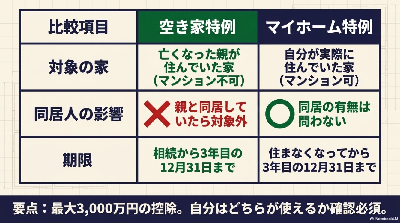 空き家特例とマイホーム特例を「対象の家」「同居人の影響」「期限」の3項目で比較した表。最大3,000万円の控除について自分はどちらが使えるか確認必須と記載。