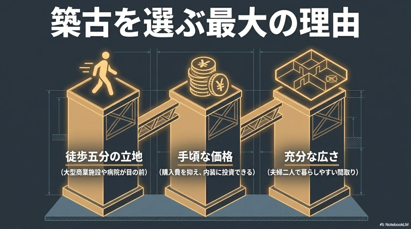 築古マンションを選ぶ最大の理由である「徒歩五分の立地」「手頃な価格」「充分な広さ」の3つを台座の上に図解したイラスト