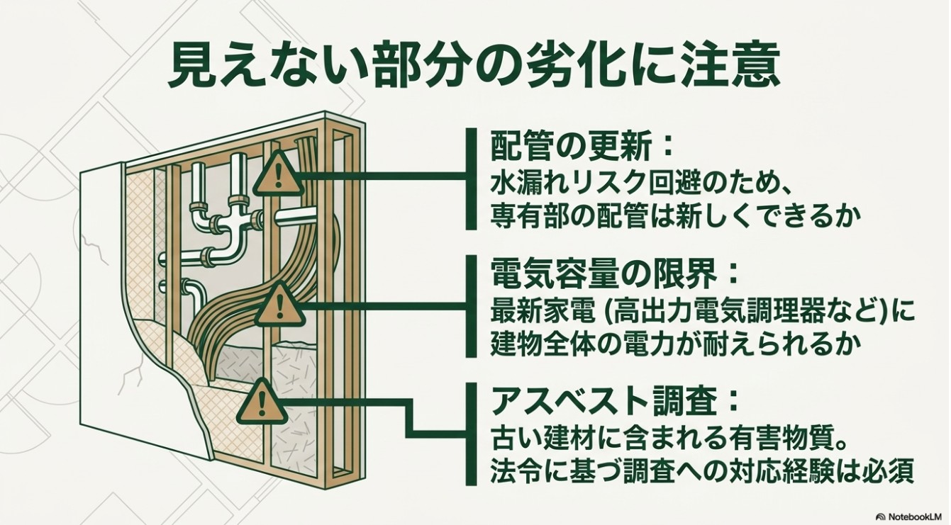 築古マンションで見えない部分の劣化（配管、電気容量、アスベスト）に注意を促す図解