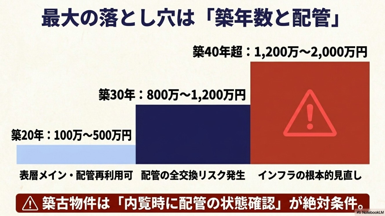 最大の落とし穴は「築年数と配管」。築年数ごとのリフォーム費用目安のグラフ。築古物件は内覧時に配管の状態確認が絶対条件。