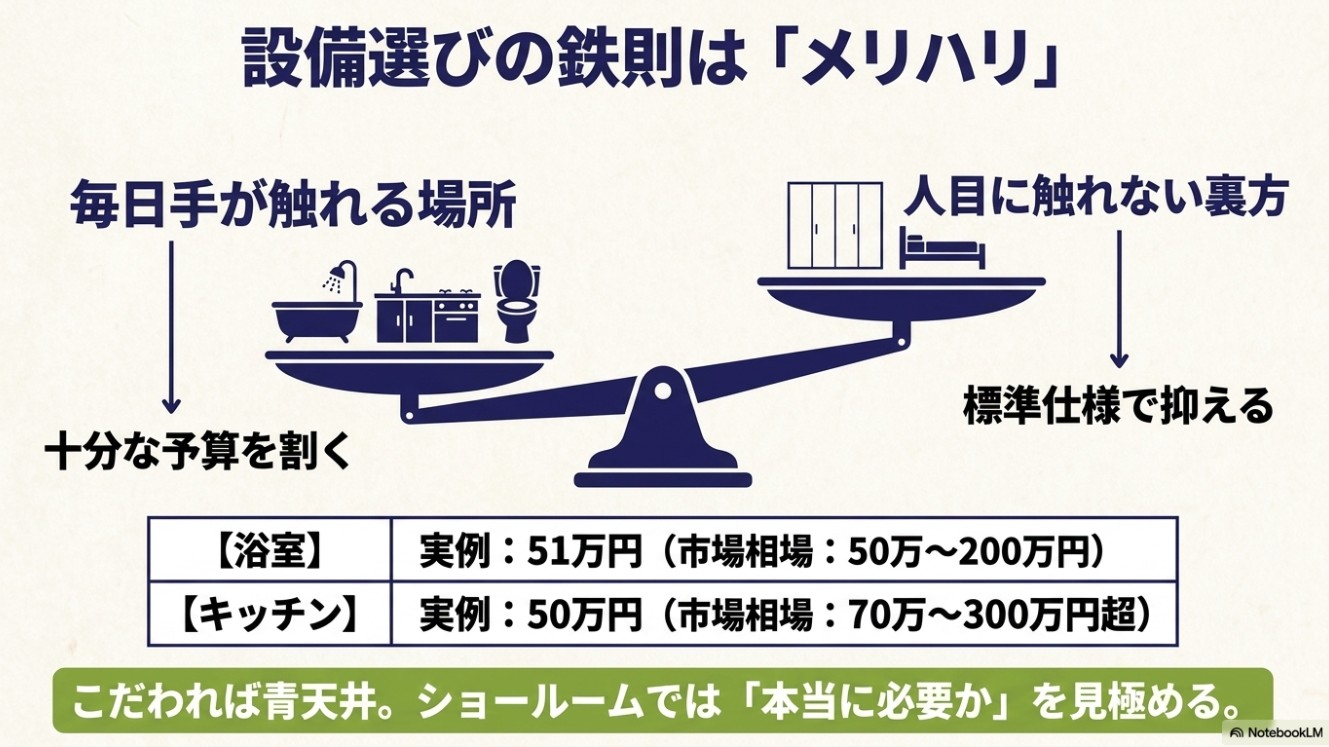 設備選びの鉄則は「メリハリ」。毎日手が触れる場所(浴室・トイレなど)には十分な予算を割き、人目に触れない裏方は標準仕様で抑える図解。