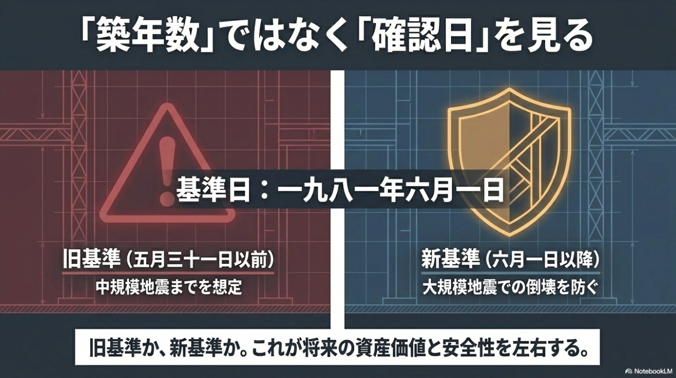 981年6月1日を基準日とし、それ以前の「旧基準」（中規模地震までを想定）と、それ以降の「新基準」（大規模地震での倒壊を防ぐ）の違いを比較した図解イラスト