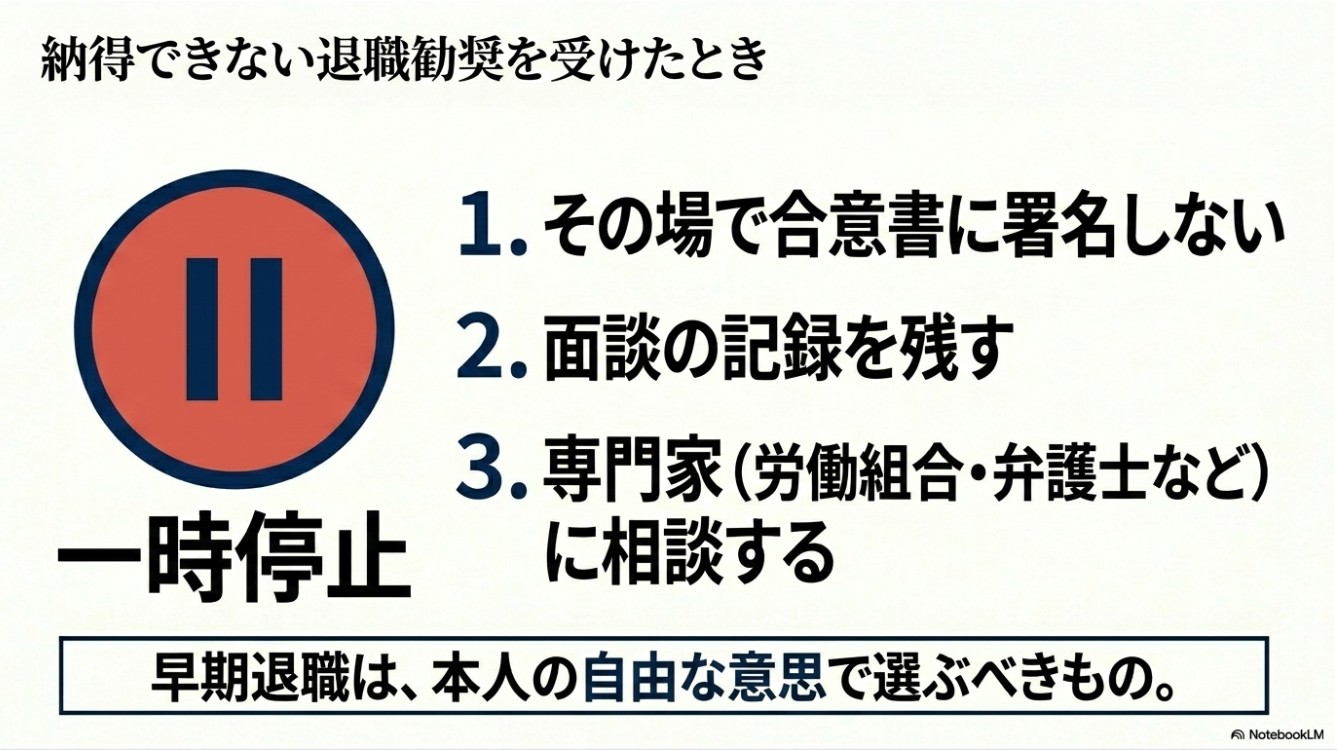 納得できない退職勧奨を受けたときは一時停止し、合意書に署名せず記録を残して専門家に相談する手順