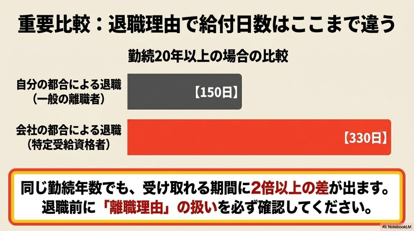 勤続20年以上の場合における、自己都合退職（150日）と会社都合退職（330日）の失業保険給付日数の違いを示す比較図