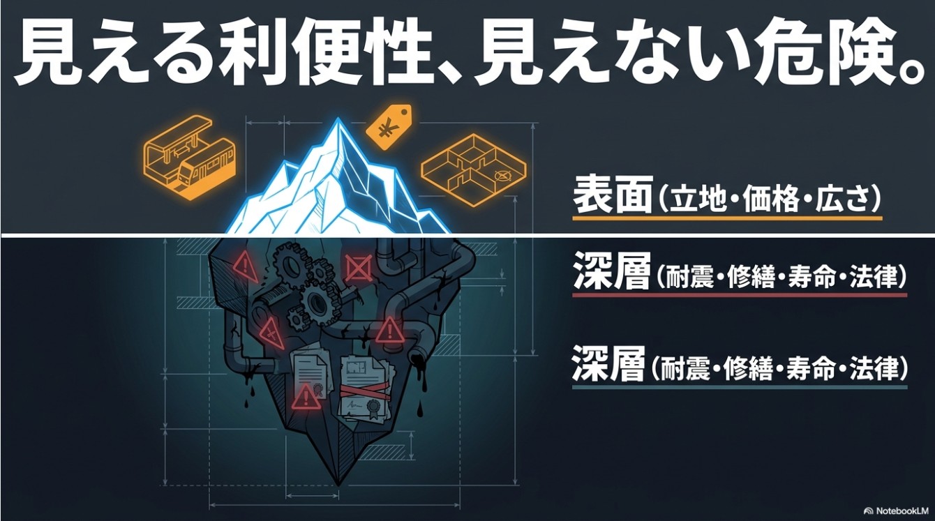 氷山に見立てた中古マンションの図。水面上の「見える利便性」（立地・価格・広さ）に対して、水面下の「見えない危険」（耐震・修繕・寿命・法律）が非常に大きいことを示すイラスト
