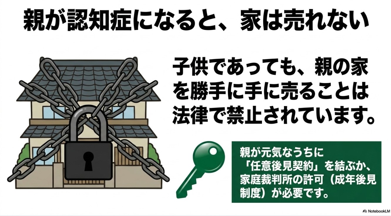 子供であっても親の家を勝手に売ることは法律で禁止されており、親が元気なうちに任意後見契約を結ぶか家庭裁判所の許可が必要であることを示すスライド