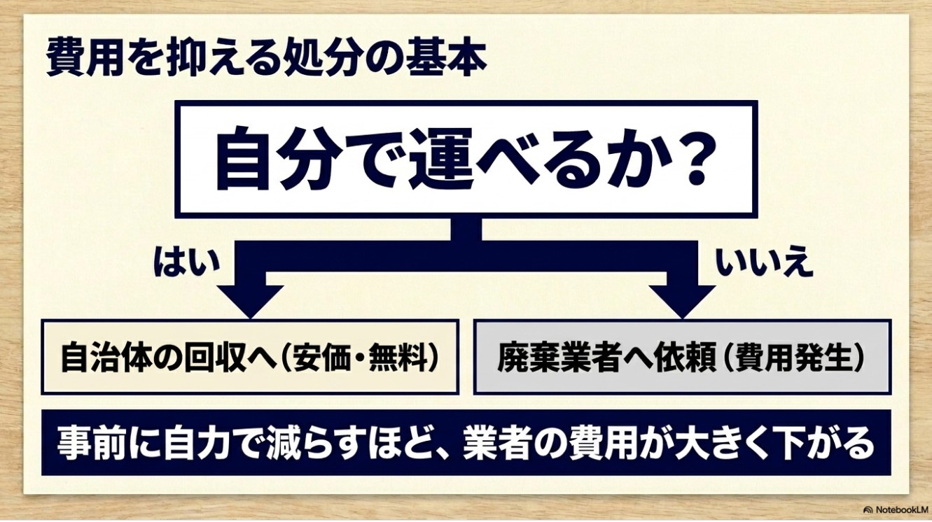 費用を抑える処分の基本フローチャート。自分で運べるものは自治体の回収へ、運べないものは廃棄業者へ依頼する