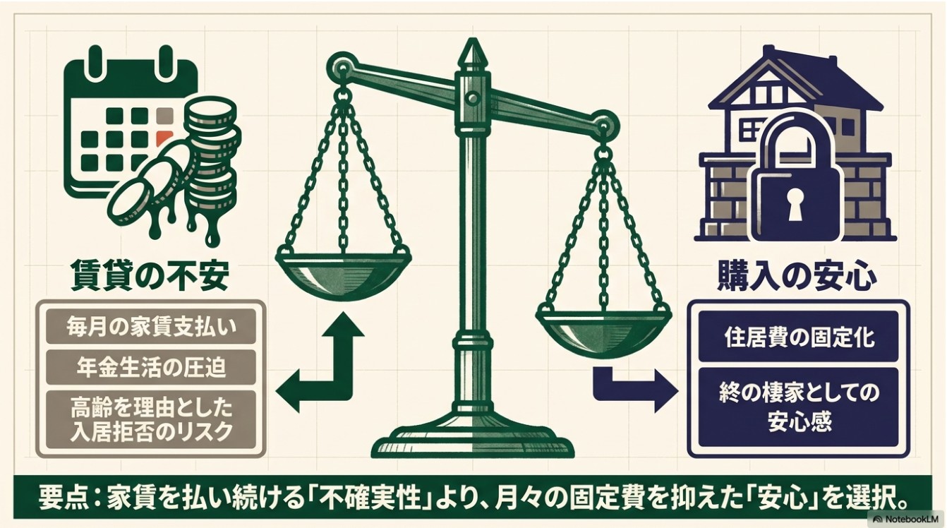 賃貸の不安と購入の安心を天秤にかけたイラスト。家賃を払い続ける不確実性より、月々の固定費を抑えた安心を選択したことを示す図解。