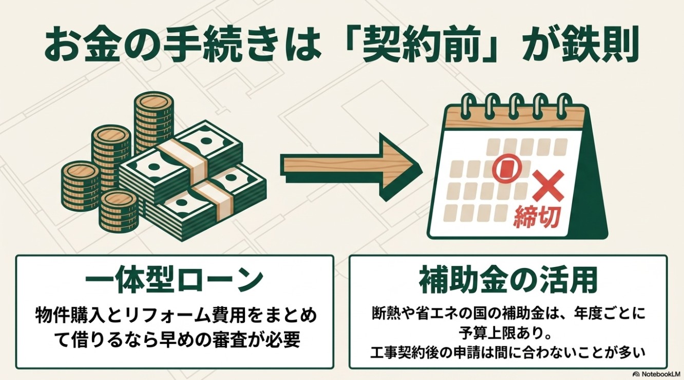 お金の手続き（一体型ローンや補助金）は契約前に行うことが鉄則であるという図解