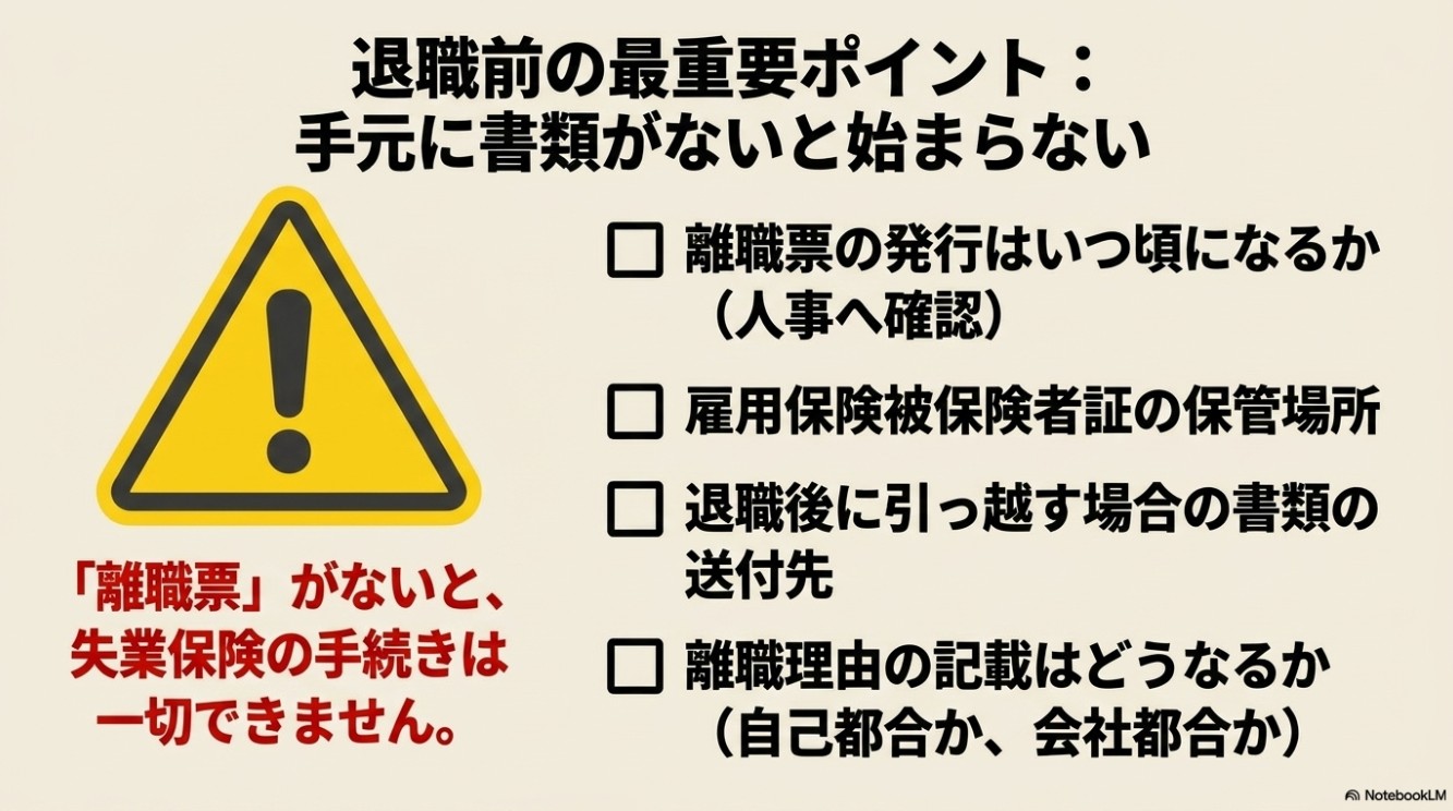 離職票の発行時期や雇用保険被保険者証の場所など、失業保険の手続きに必要な退職前の最重要確認ポイント