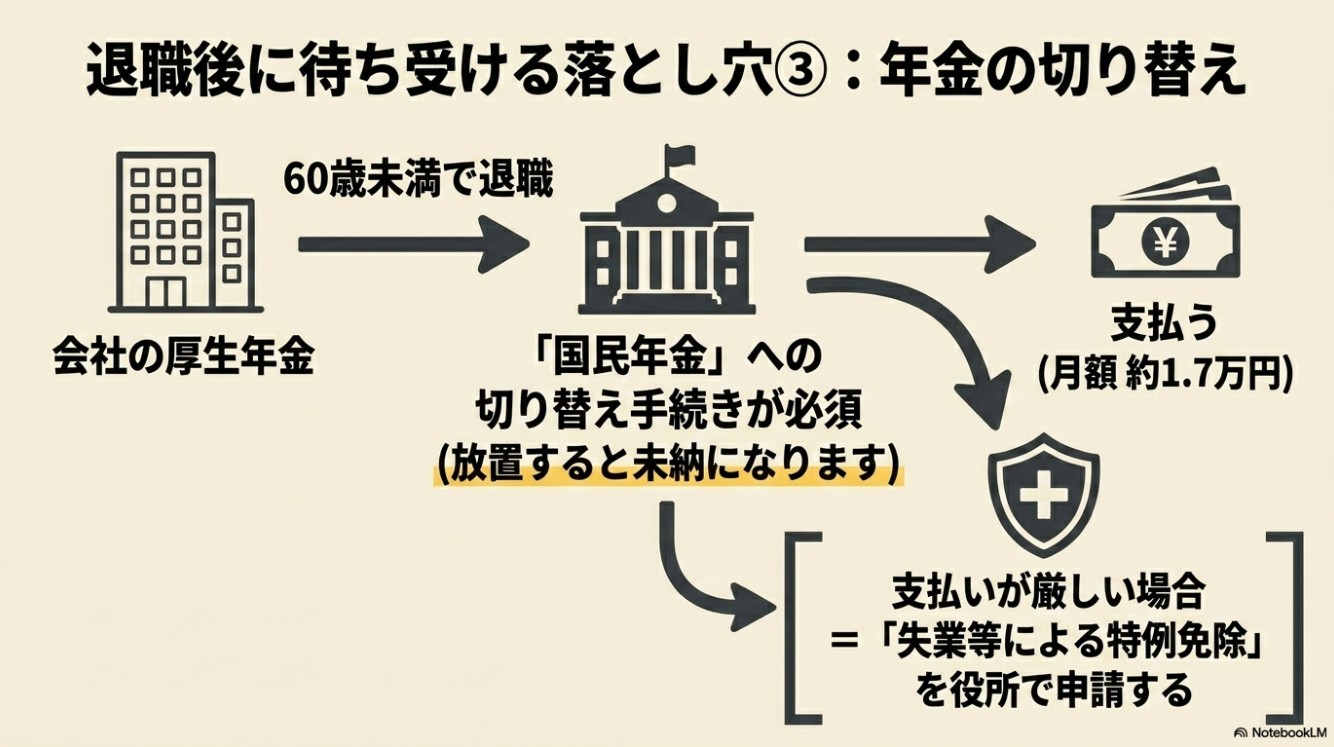 60歳未満で退職した際の会社の厚生年金から国民年金への切り替え手続きと、支払いが厳しい場合の失業等による特例免除の解説