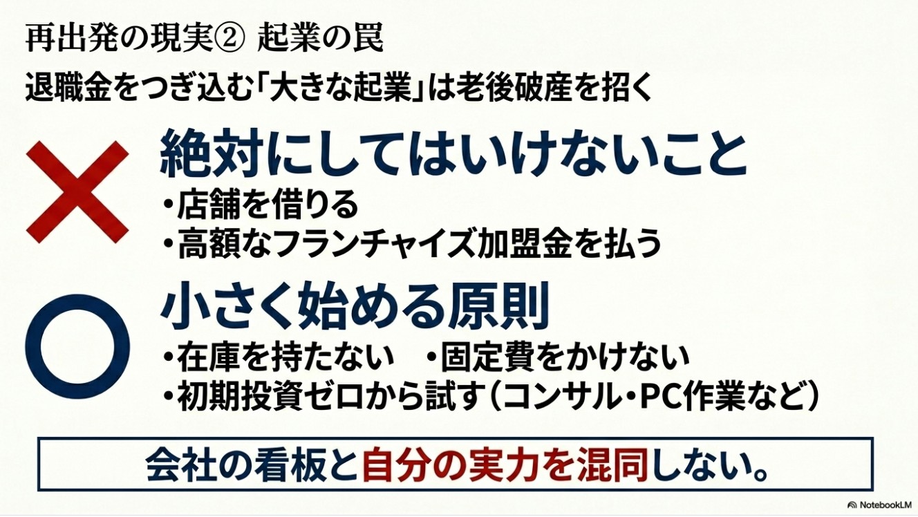 再出発の現実2：退職金をつぎ込む大きな起業は老後破産を招くという起業の罠と小さく始める原則