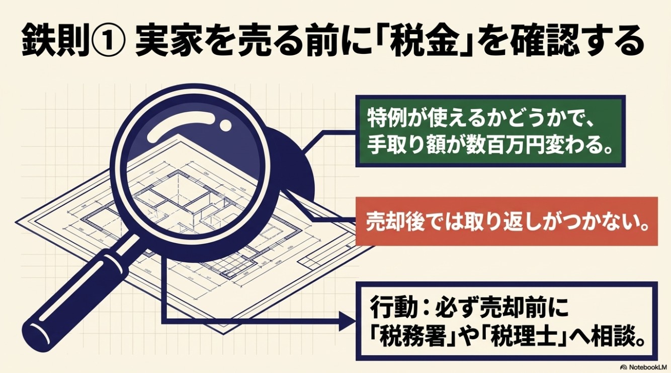 鉄則1として「実家を売る前に税金を確認する」と書かれた虫眼鏡のイラスト。特例の有無で手取りが変わるため必ず売却前に専門家へ相談するよう記載。