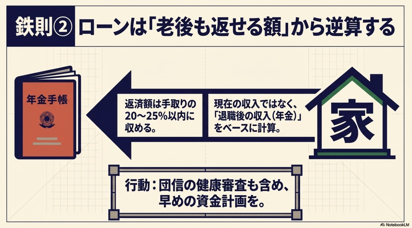 鉄則2として「ローンは老後も返せる額から逆算する」と書かれた図解。退職後の年金をベースに返済額を手取りの20〜25%以内に収めるよう記載。