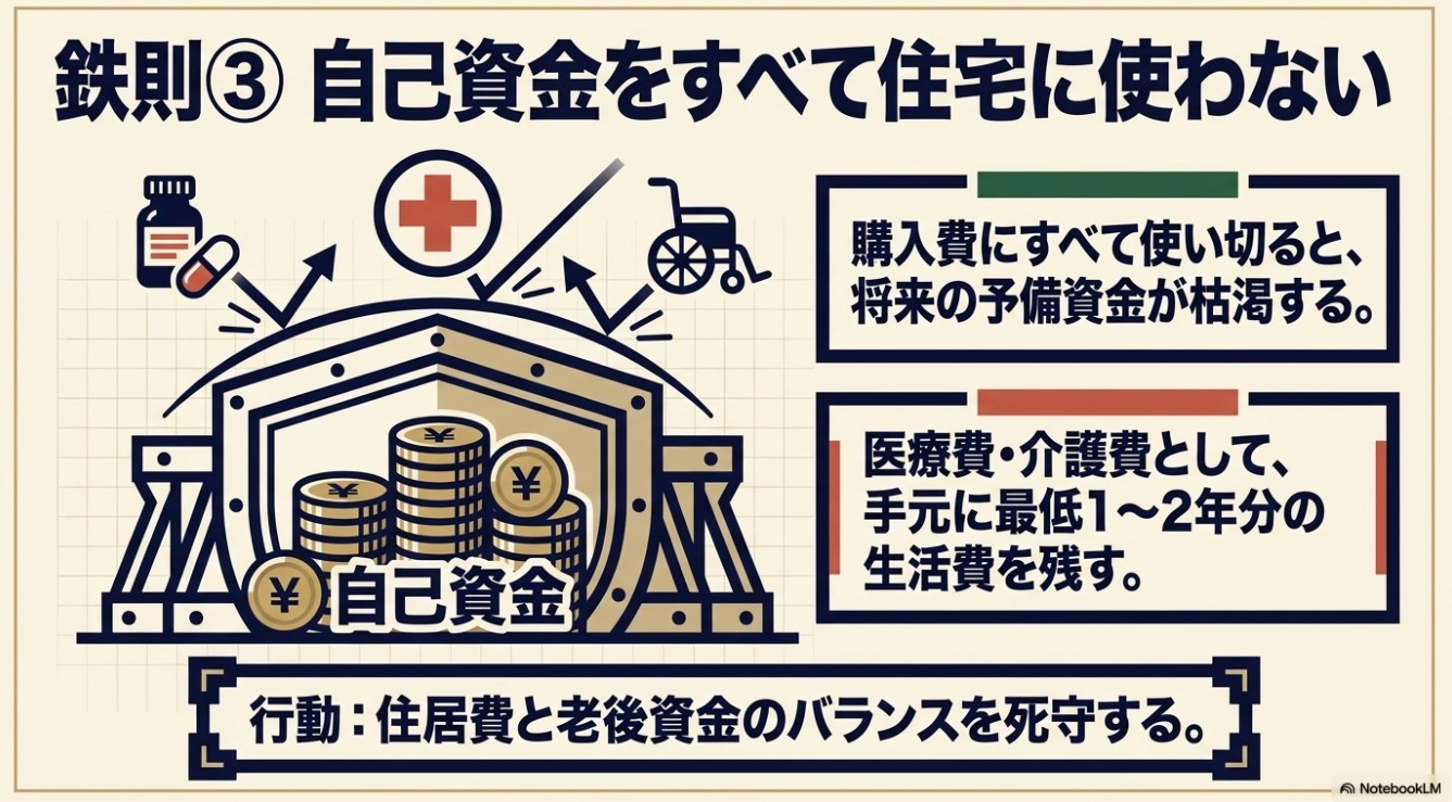 鉄則3として「自己資金をすべて住宅に使わない」と書かれた図解。手元に最低1〜2年分の生活費を残し、住居費と老後資金のバランスを守るよう記載。