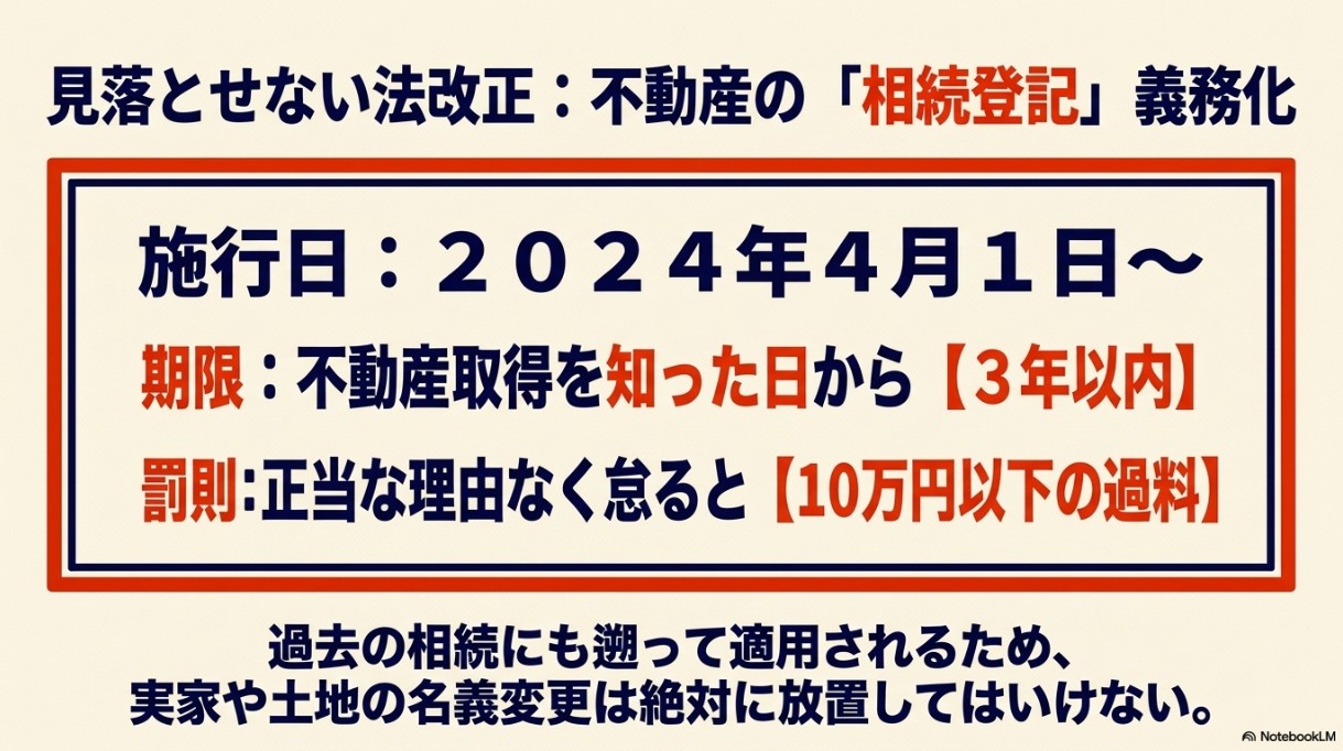 見落とせない法改正:不動産の相続登記義務化。2024年4月1日施行、期限は3年以内、罰則あり