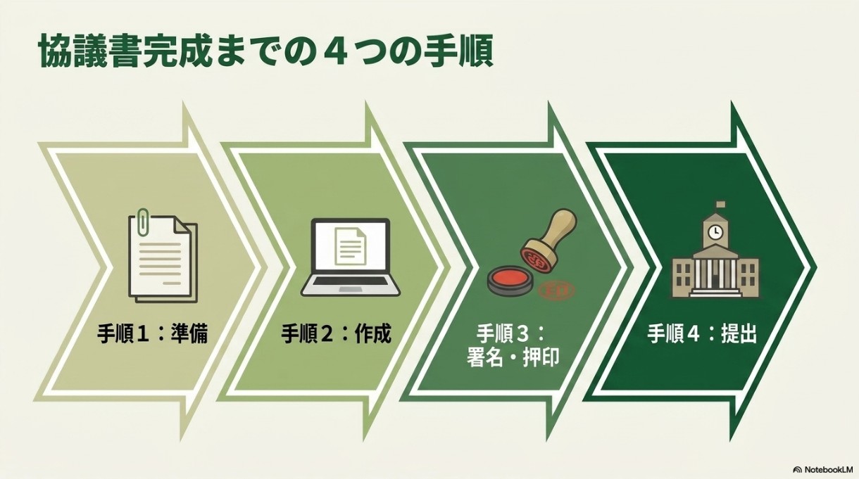 協議書完成までの4つの手順(手順1:準備、手順2:作成、手順3:署名・押印、手順4:提出)