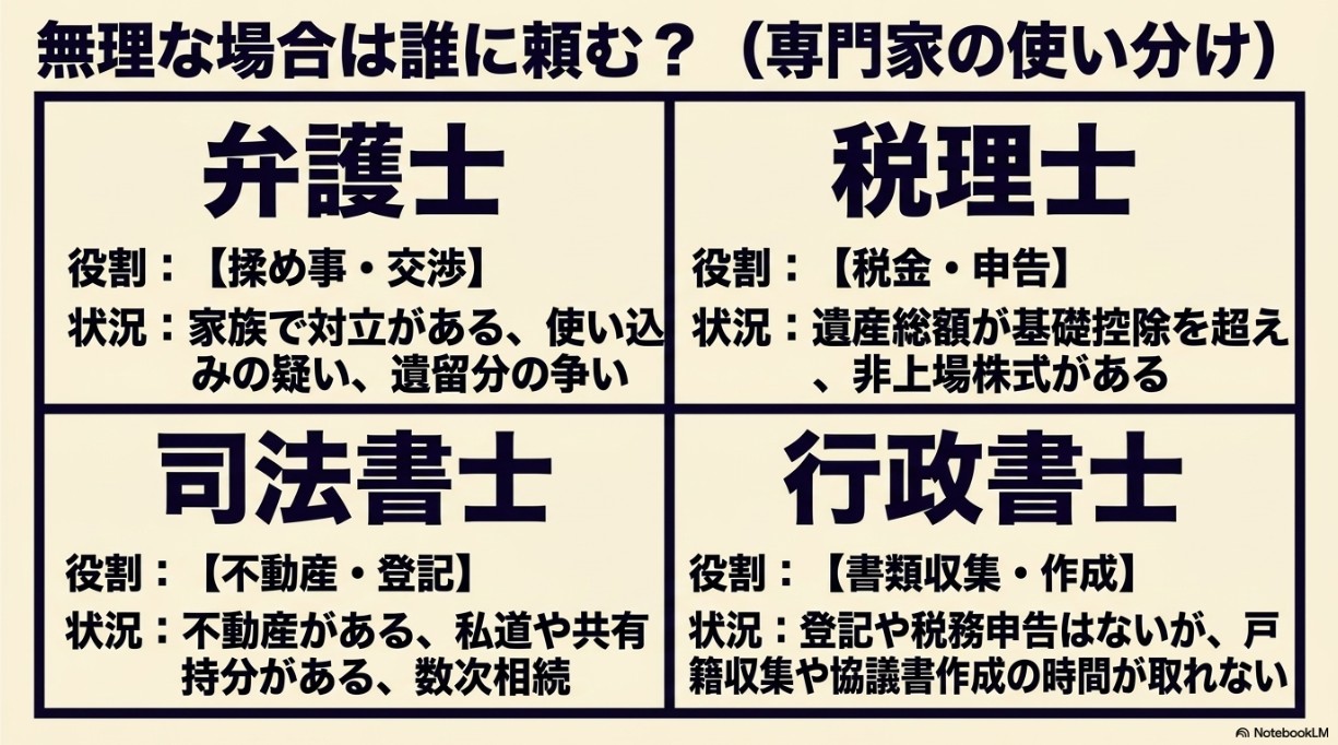 無理な場合は誰に頼む?弁護士、税理士、司法書士、行政書士など専門家の役割と使い分け