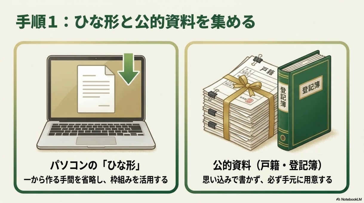 手順1：一から作る手間を省略できるパソコンの「ひな形」と、思い込みで書かず手元に用意する戸籍・登記簿などの「公的資料」を集める。