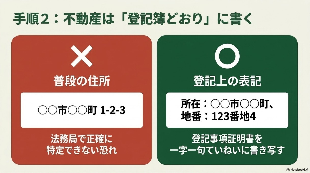 手順2：不動産は普段の住所ではなく、登記上の表記（所在・地番など）を登記事項証明書から一字一句ていねいに書き写す。