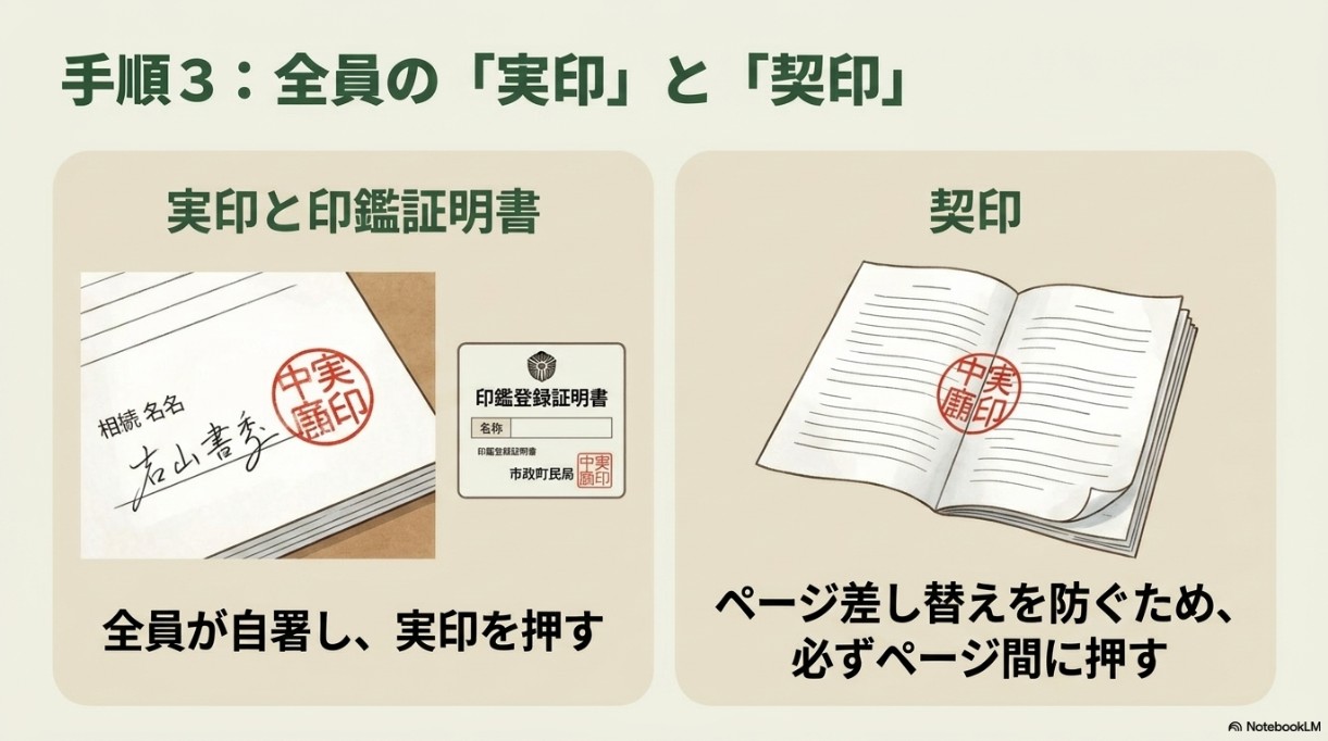 手順3：相続人全員が自署し実印を押すことと、ページ差し替えを防ぐために必ずページ間に契印を押すこと。