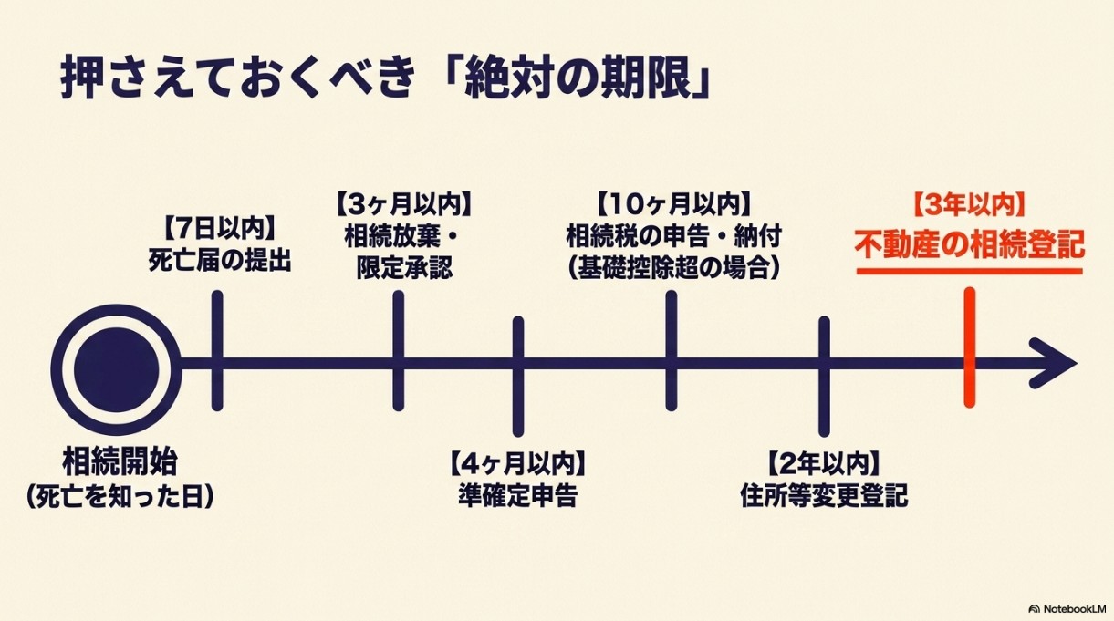 押さえておくべき絶対の期限:死亡届、相続放棄、準確定申告、相続税申告、相続登記のスケジュール