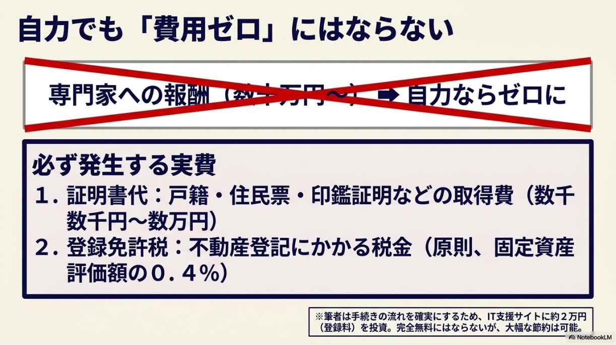 自力でも費用ゼロにはならない:証明書代や登録免許税などの実費は必ず発生する